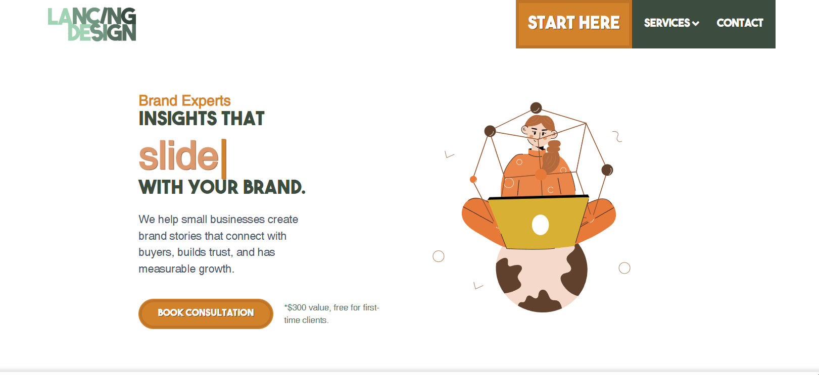 Animated Lancing Design homepage concept with a brand strategist illustration