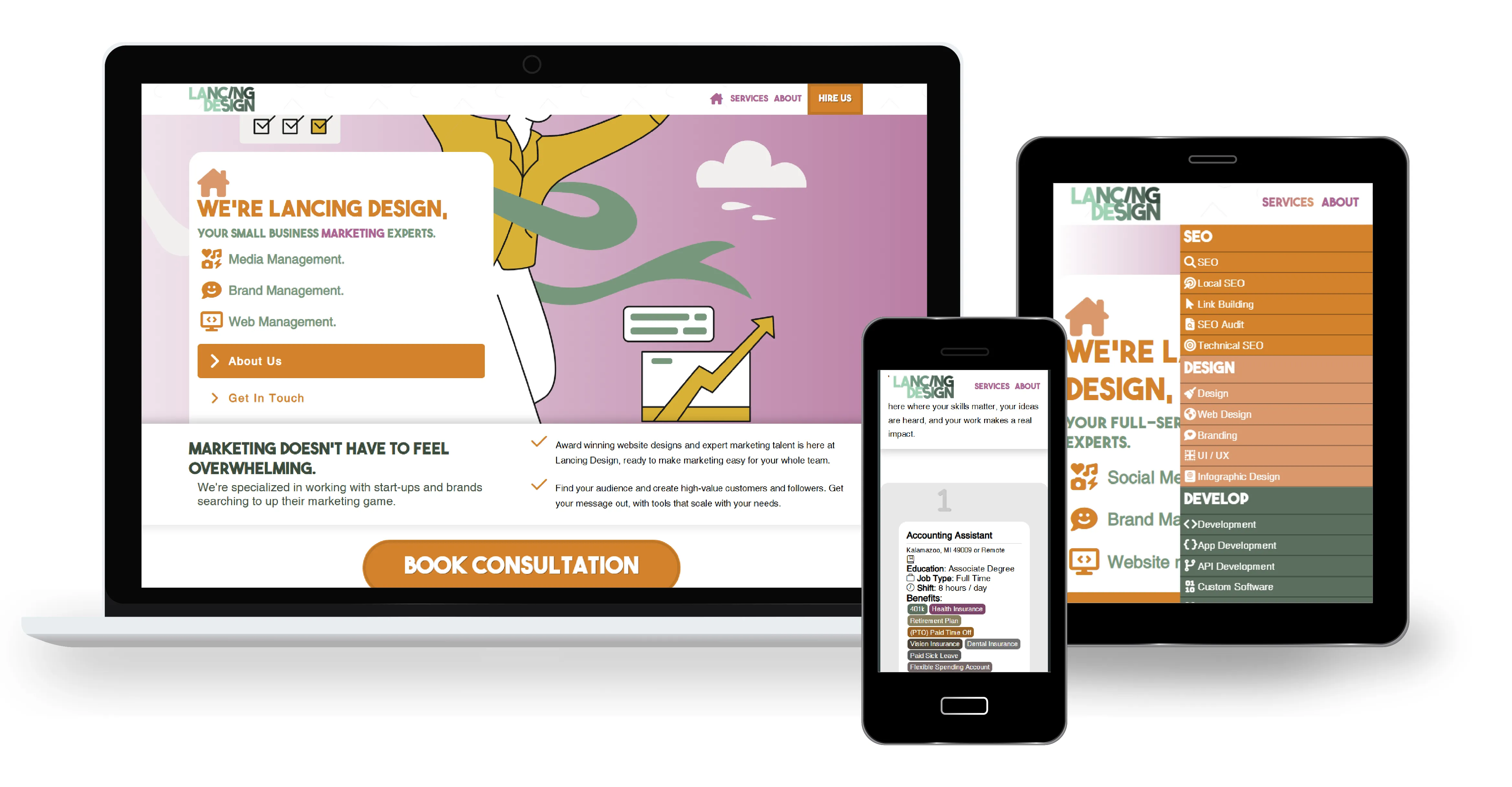 Responsive Lancing website shown on desktop, tablet, and mobile devices