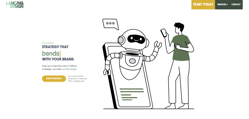 Lancing Design strategy illustration with a person and a friendly robot
